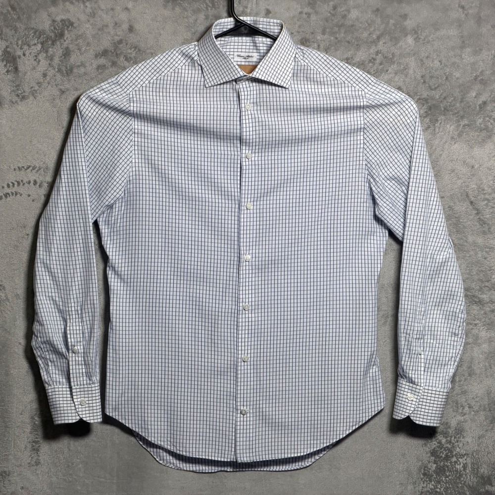 Cesare Attolini Napoli Shirt Mens 17 Blue White Check Long Sleeve Preppy FLAW